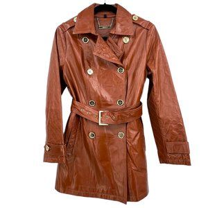 IMAN Cognac Leather Double Breasted Trench Coat Jacket